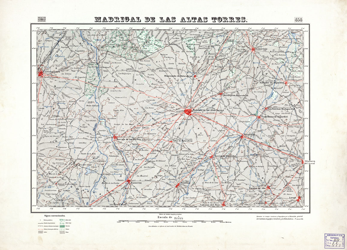 (N:18410) MAPA TOPOGRAFICO DE ESPANA - Madrigal de las Alta Torres - Foglio 454 (B0014857) Carte e stampe antiche: riproduzione a colori su carta (formato A1)