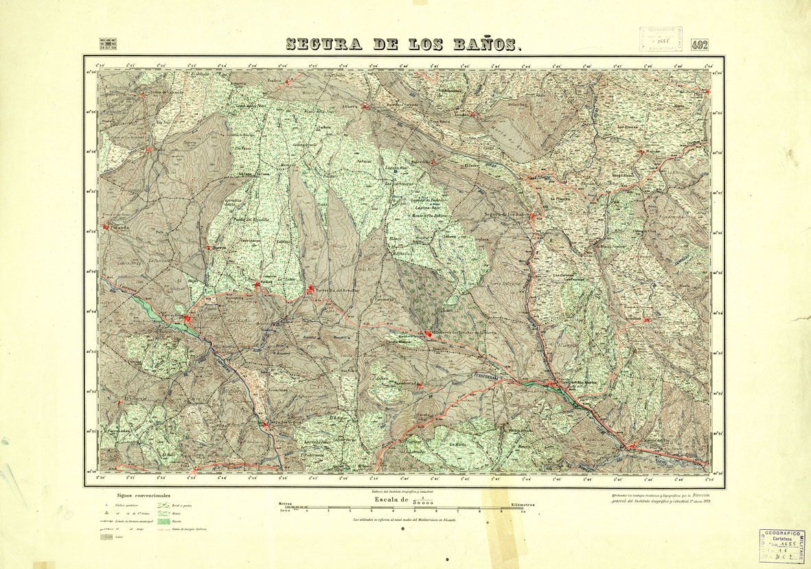 (N:18444) MAPA TOPOGRAFICO DE ESPANA - Segura de Los Banos - Foglio 492 (B0014891) Carte e stampe antiche: riproduzione a colori su carta (formato A1)