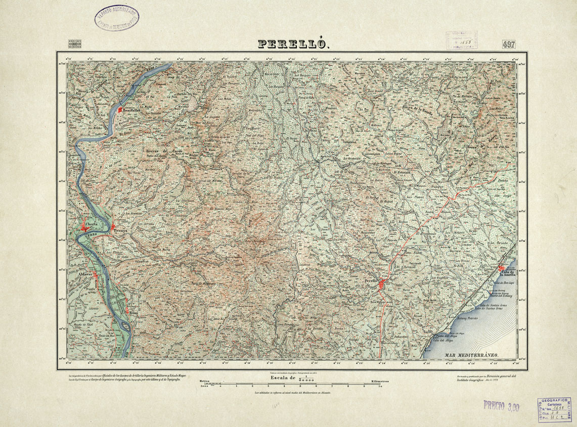 (N:18449) MAPA TOPOGRAFICO DE ESPANA - Perello - Foglio 497 (B0014896) Carte e stampe antiche: riproduzione a colori su carta (formato A1)