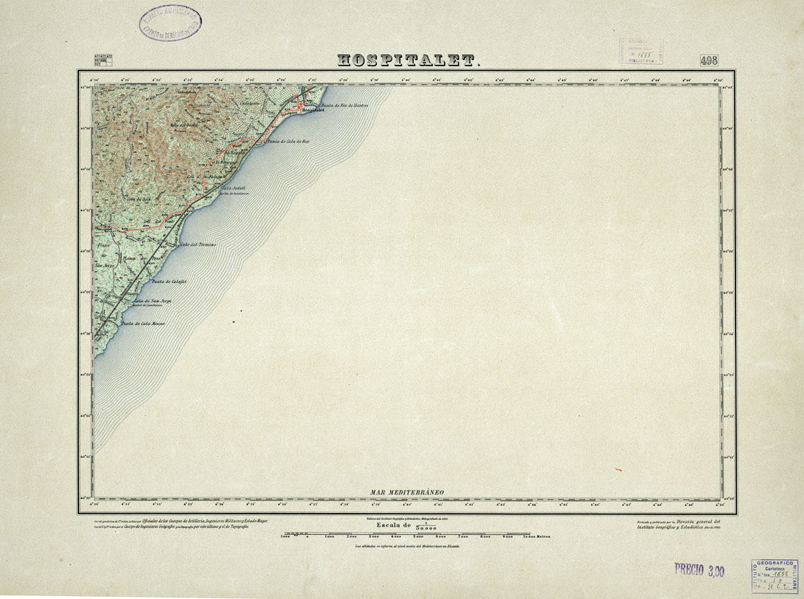(N:18450) MAPA TOPOGRAFICO DE ESPANA - Hospitalet - Foglio 498 (B0014897) Carte e stampe antiche: riproduzione a colori su carta (formato A1)