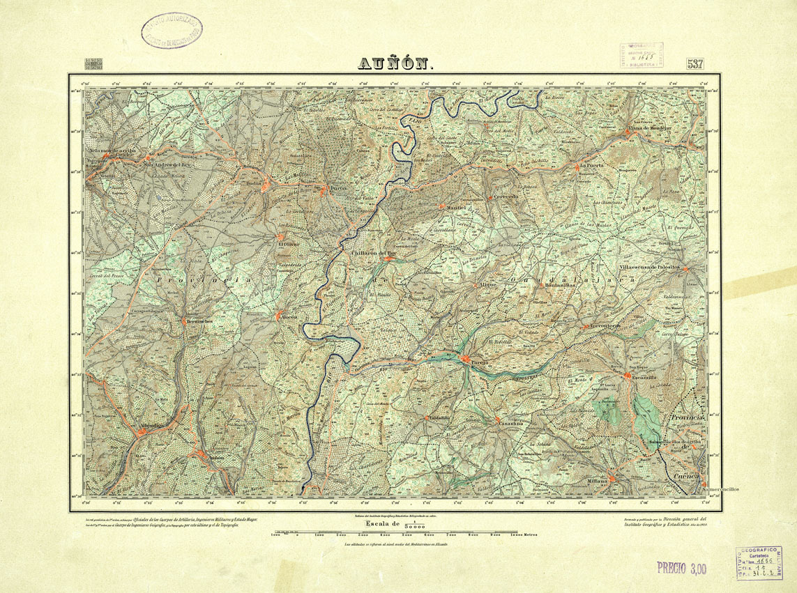 (N:18480) MAPA TOPOGRAFICO DE ESPANA - Aunon - Foglio 537 (B0014928) Carte e stampe antiche: riproduzione a colori su carta (formato A1)
