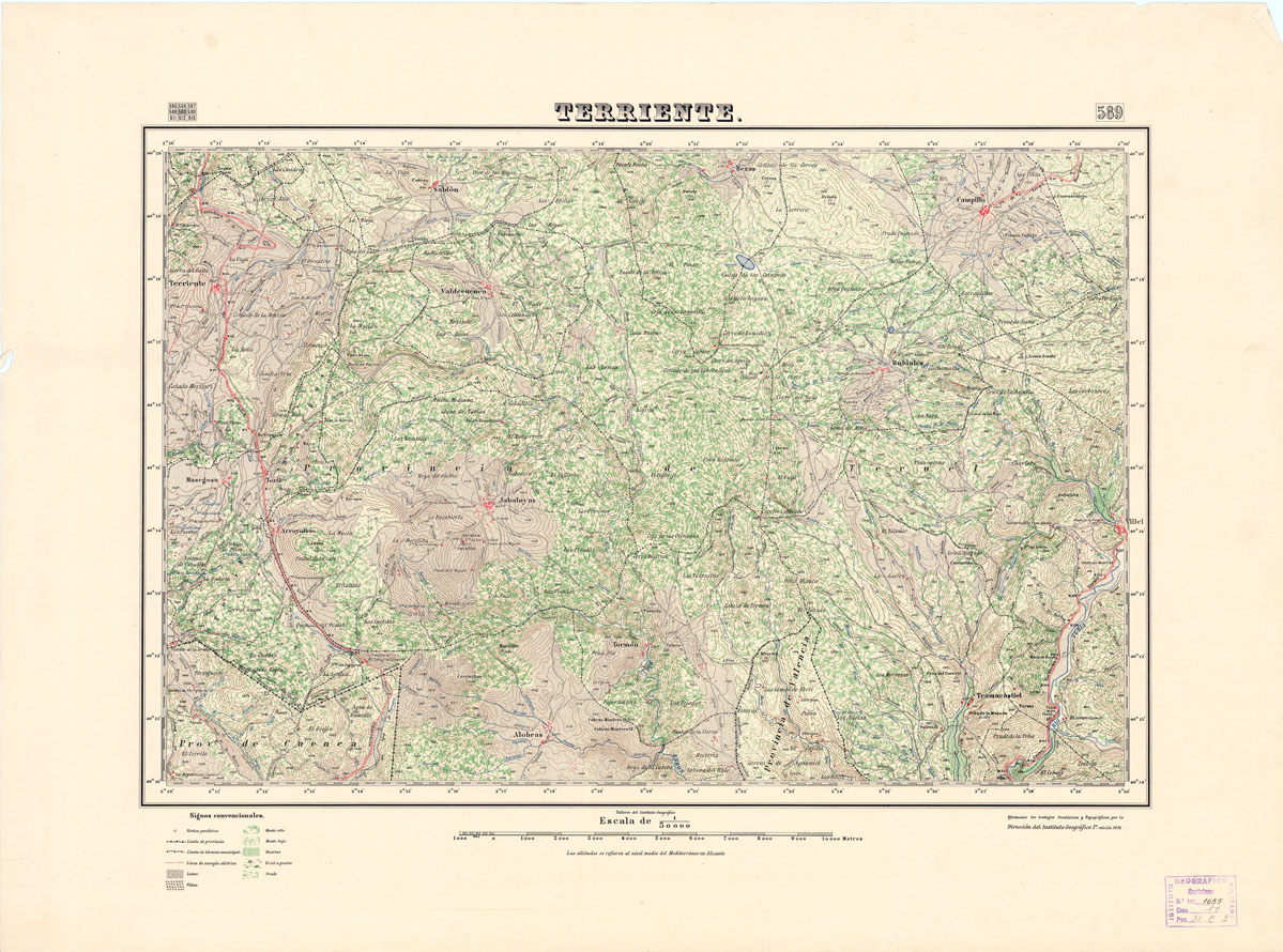 (N:18516) MAPA TOPOGRAFICO DE ESPANA - Terriente - Foglio 589 (B0014964) Carte e stampe antiche: riproduzione a colori su carta (formato A1)