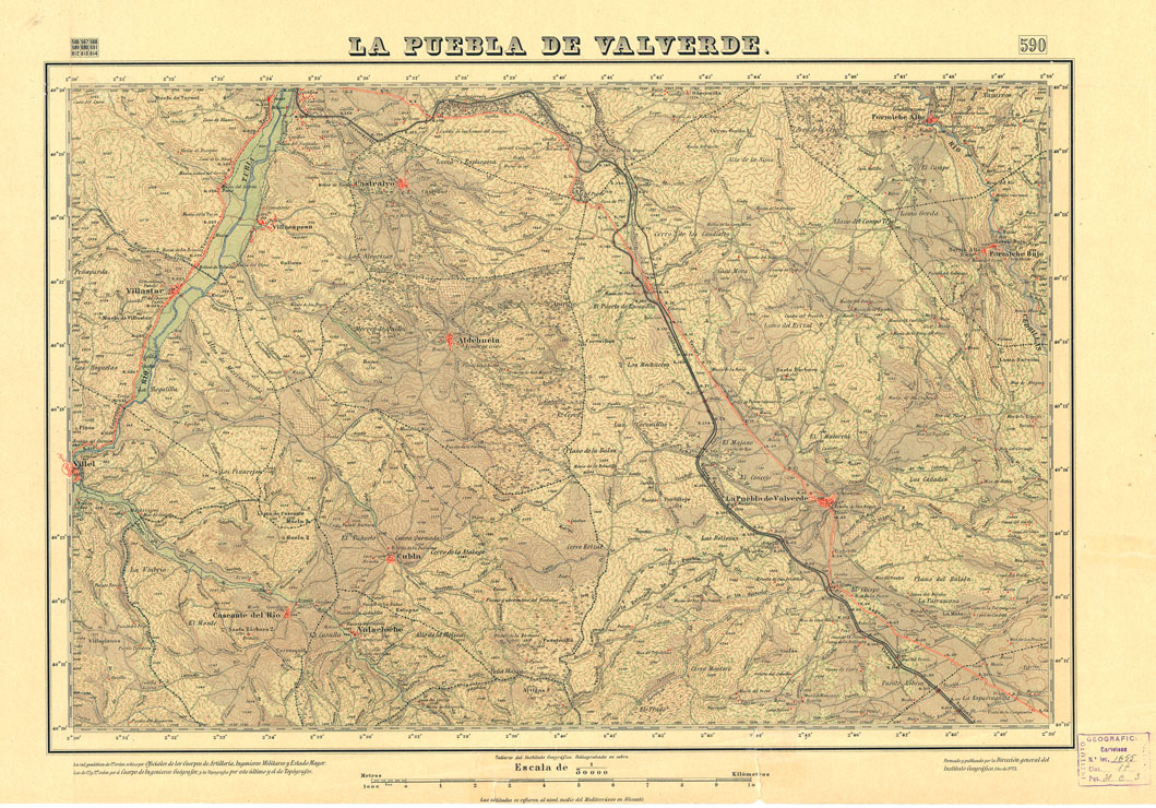 (N:18517) MAPA TOPOGRAFICO DE ESPANA - La Puebla de Valverde - Foglio 590 (B0014965) Carte e stampe antiche: riproduzione a colori su carta (formato A1)