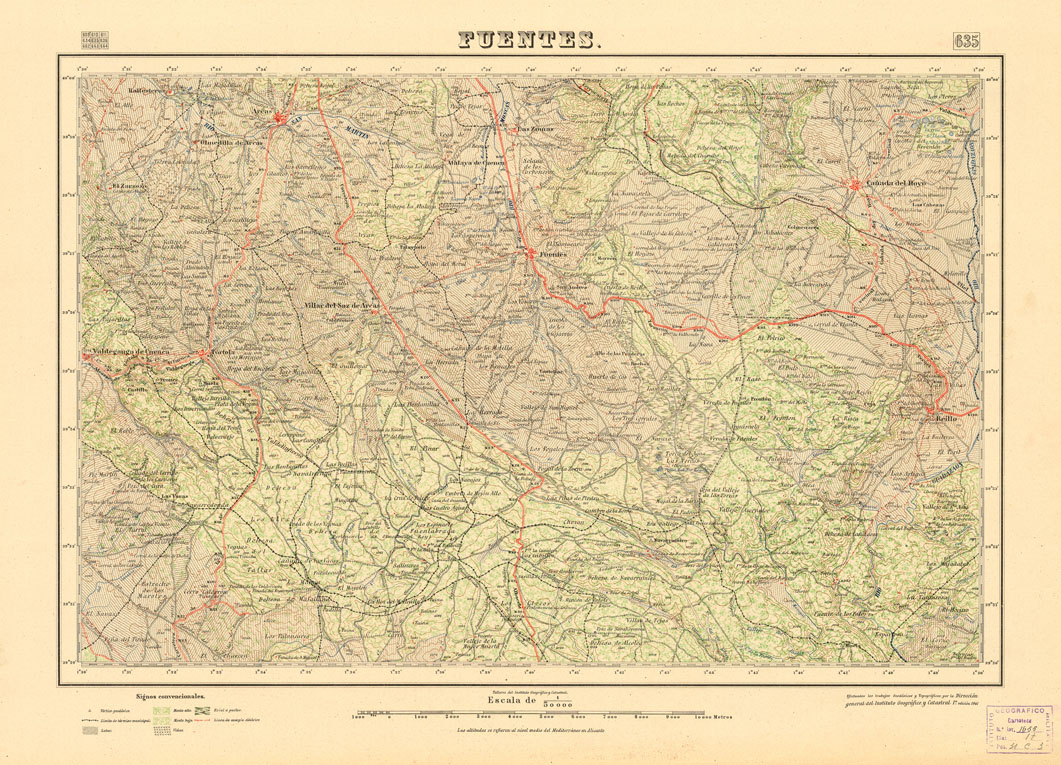(N:18540) MAPA TOPOGRAFICO DE ESPANA - Fuentes - Foglio 635 (B0014988) Carte e stampe antiche: riproduzione a colori su carta (formato A1)