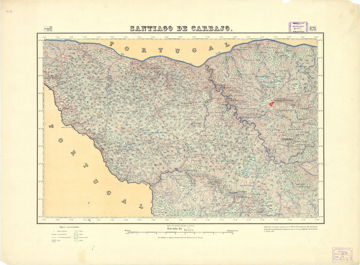 (N:18553) MAPA TOPOGRAFICO DE ESPANA - Santiago de Carbajo - Foglio 675 (B0015001) Carte e stampe antiche: riproduzione a colori su carta (formato A1)