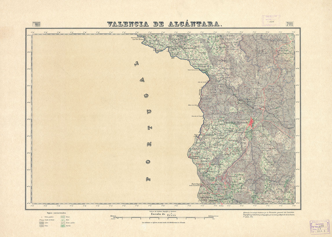 (N:18563) MAPA TOPOGRAFICO DE ESPANA - Valencia de Alcantara - Foglio 701 (B0015011) Carte e stampe antiche: riproduzione a colori su carta (formato A1)