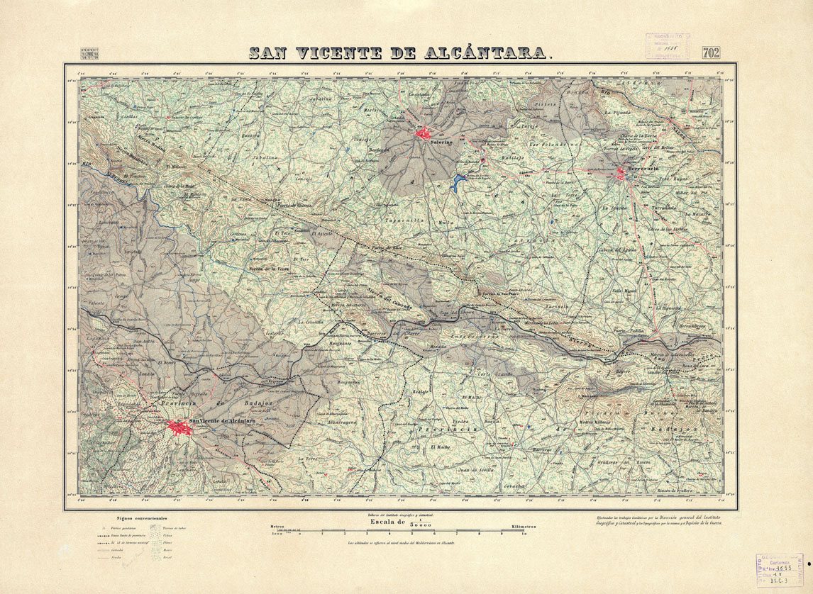 (N:18565) MAPA TOPOGRAFICO DE ESPANA - San Vincente de Alcantara - Foglio 702 (B0015013) Carte e stampe antiche: riproduzione a colori su carta (formato A1)