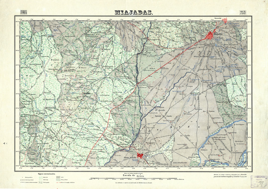 (N:18592) MAPA TOPOGRAFICO DE ESPANA - Miajadas - Foglio 753 (B0015041) Carte e stampe antiche: riproduzione a colori su carta (formato A1)