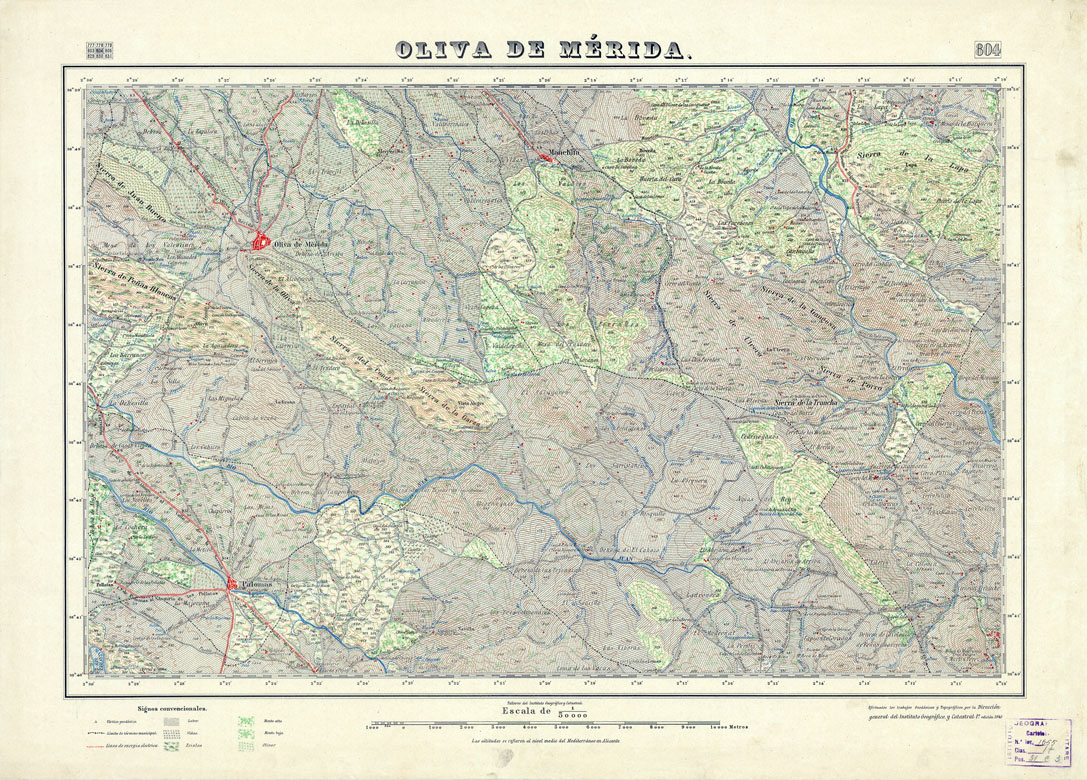 (N:18627) MAPA TOPOGRAFICO DE ESPANA - Oliva de Merida  - Foglio 804 (B0015076) Carte e stampe antiche: riproduzione a colori su carta (formato A1)