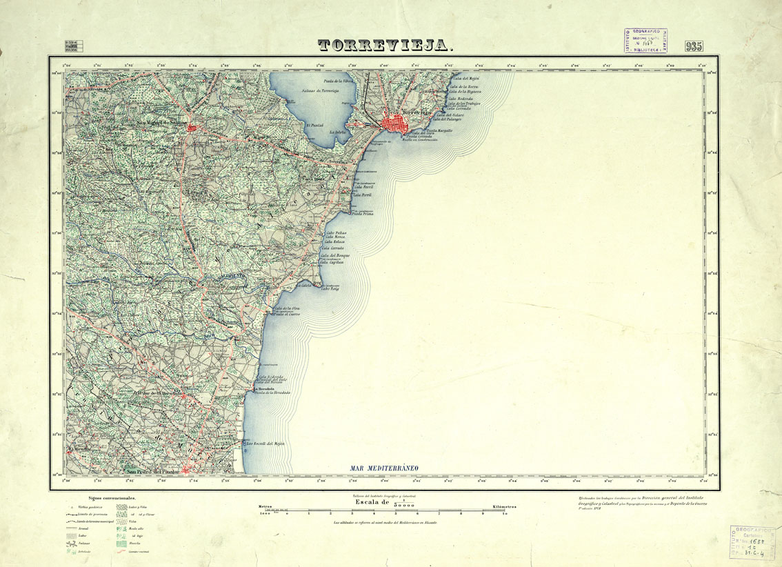 (N:18720) MAPA TOPOGRAFICO DE ESPANA - Torrevieja - Foglio 935 (B0015167) Carte e stampe antiche: riproduzione a colori su carta (formato A1)