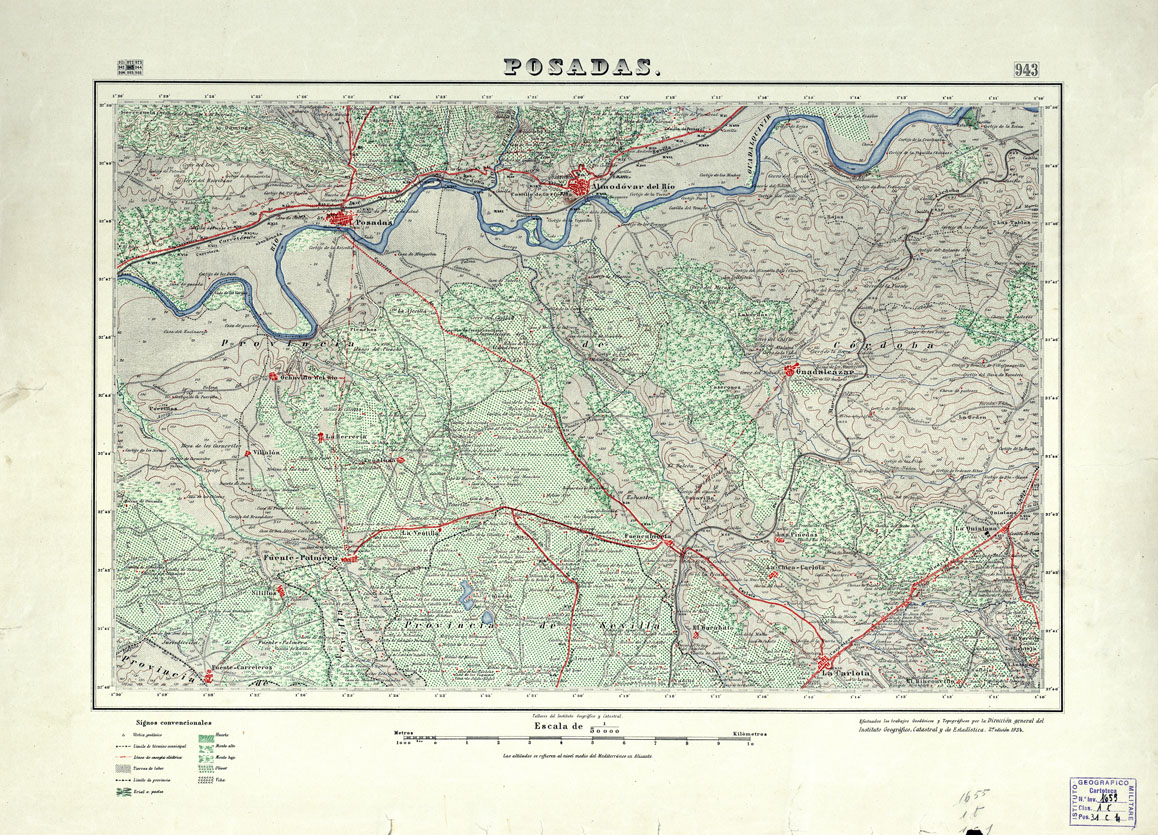 (N:18725) MAPA TOPOGRAFICO DE ESPANA - Posadas - Foglio 943 (B0015172) Carte e stampe antiche: riproduzione a colori su carta (formato A1)