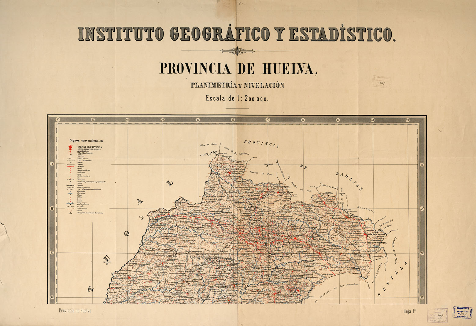 (N:18891) PROVINCIE DE HUELVA Planimetria y Nivelacion. 1 Parte (B0015337) Carte e stampe antiche: riproduzione a colori su carta (formato A1)