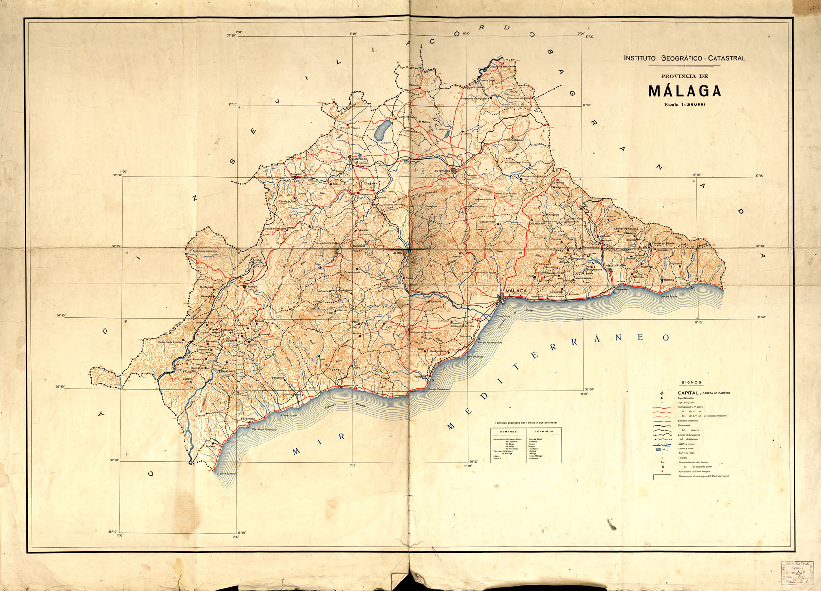 (N:18895) PROVINCIA DI MALAGA - Planimetria y Nivelacion (B0015341) Carte e stampe antiche: riproduzione a colori su carta (formato A1)