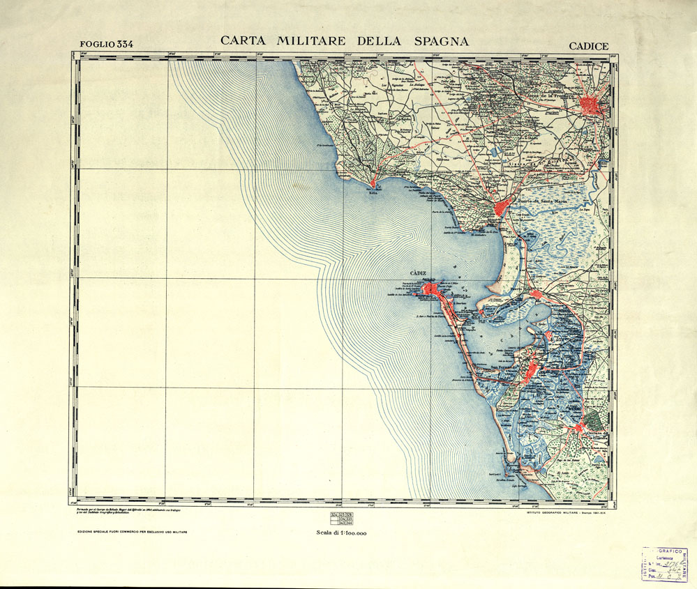 (N:19563) CARTA MILITARE DELLA SPAGNA - Cadice
 (B0016009) Carte e stampe antiche: riproduzione a colori su carta (formato A1)