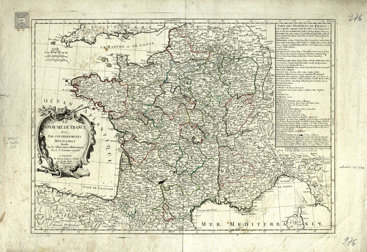(N:20484) LE ROYAME DE FRANCE DIVISE' PAR GOUVERNEMENTS MILITAIRES (B0016943) Carte e stampe antiche: riproduzione a colori su carta (formato A1)