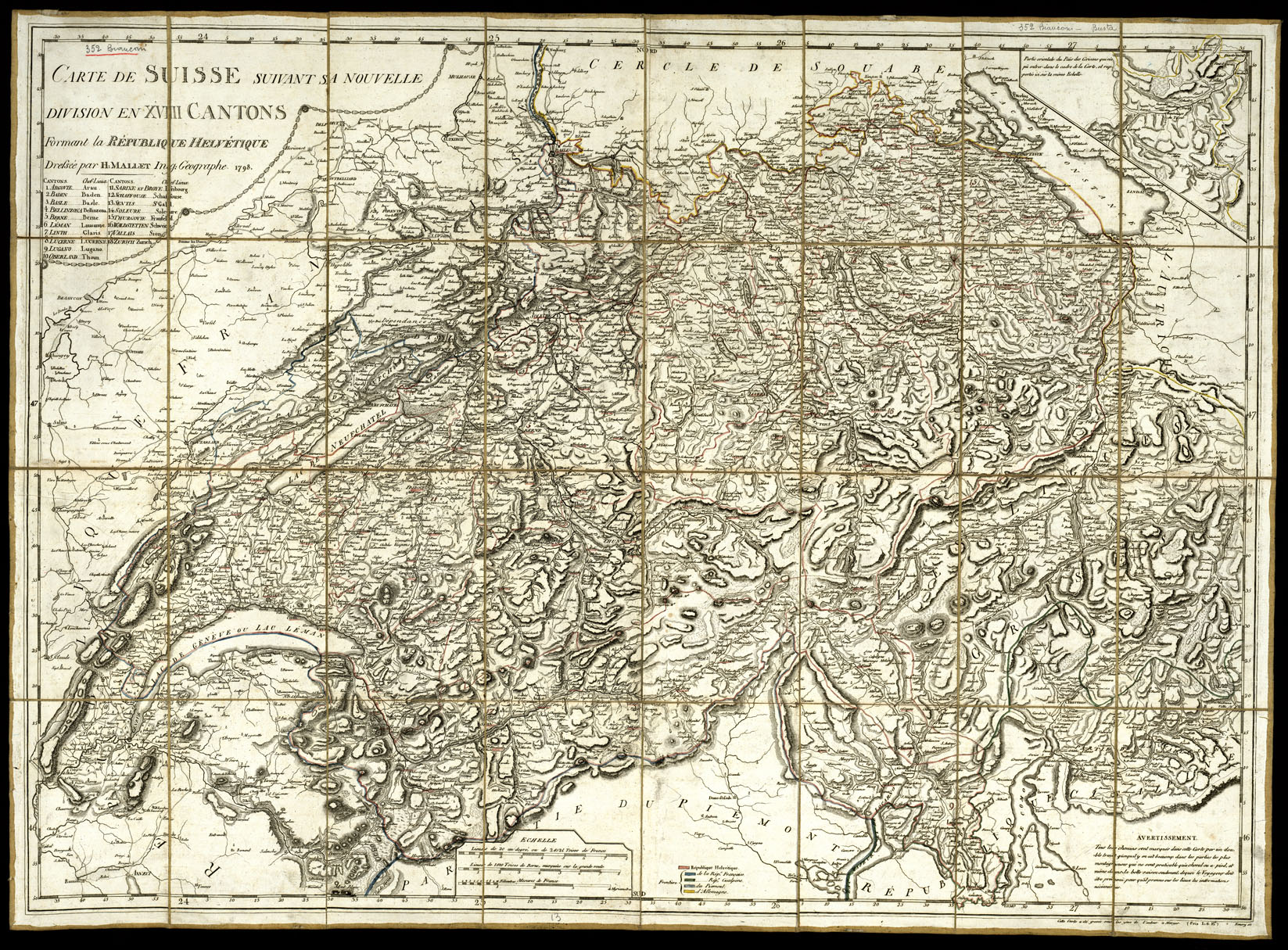 (N:20610) CARTE DE LA SUISSE SUIVANT SA NOVELLE DIVISION EN XVIII CANTONS (B0017068) Carte e stampe antiche: riproduzione a colori su carta (formato A1)