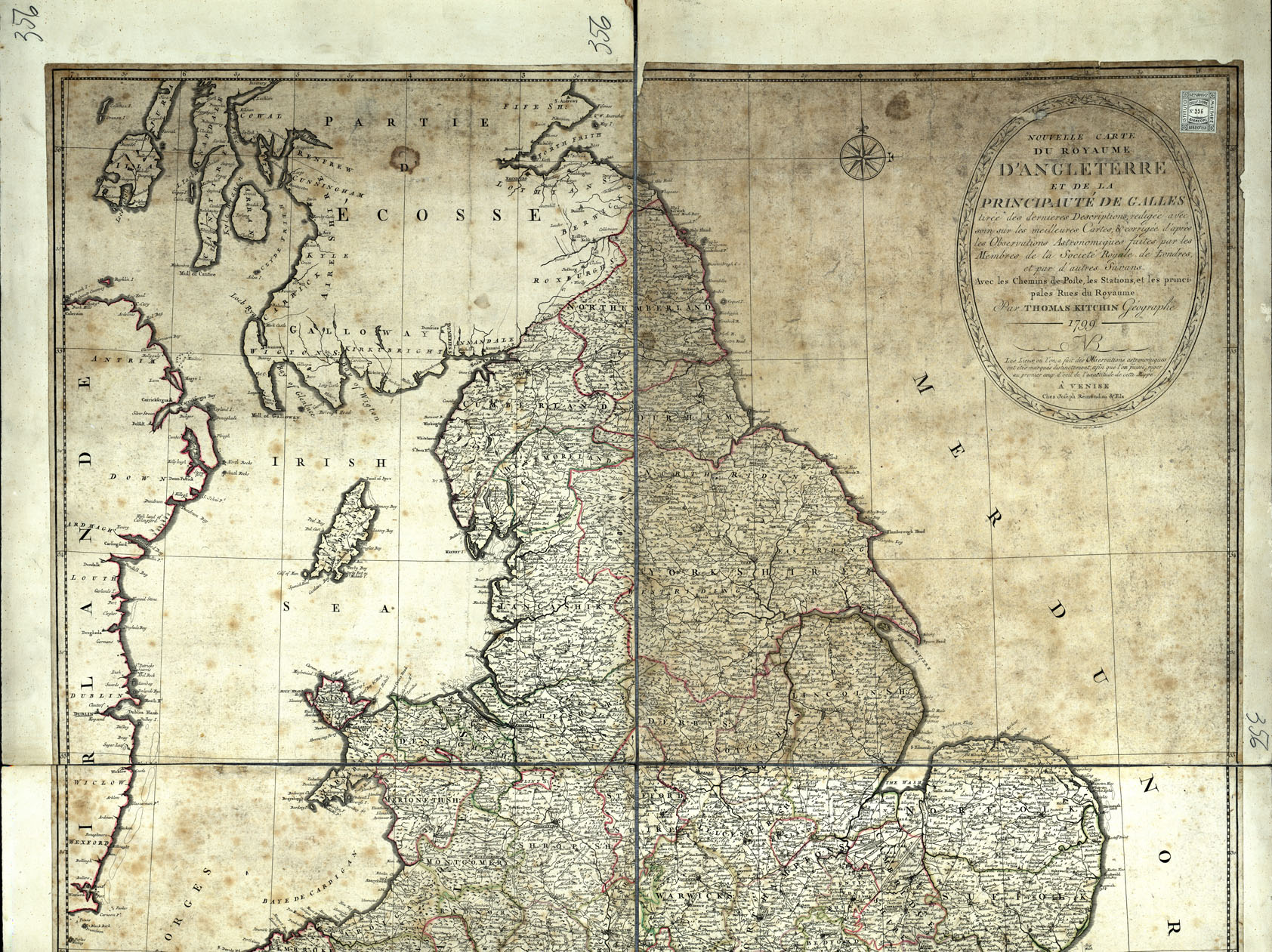 (N:20614) NOUVELLE CARTE DU ROYAUME D'ALGLETERRE ET DE LA PRINCIPAUTE' DE GALLES (B0017072, B0017073) Carte e stampe antiche: riproduzione a colori su carta (formato A1)