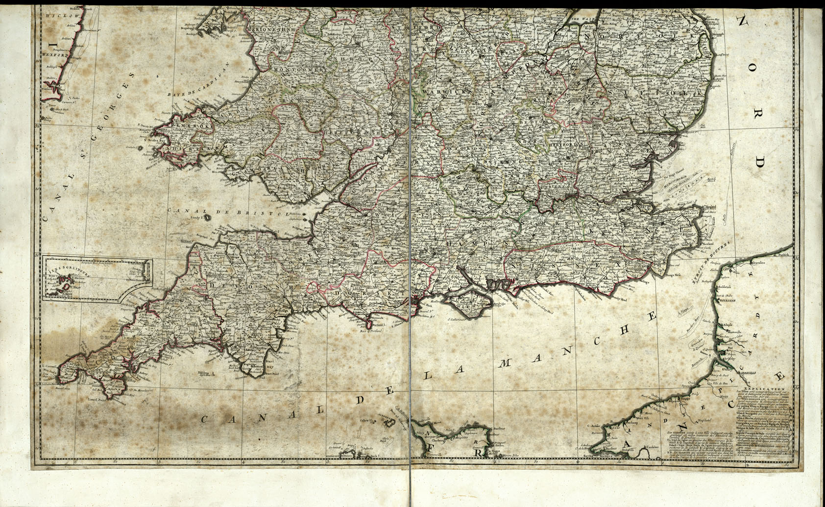 (N:20614) NOUVELLE CARTE DU ROYAUME D'ALGLETERRE ET DE LA PRINCIPAUTE' DE GALLES (B0017072, B0017073) Carte e stampe antiche: riproduzione a colori su carta (formato A1)