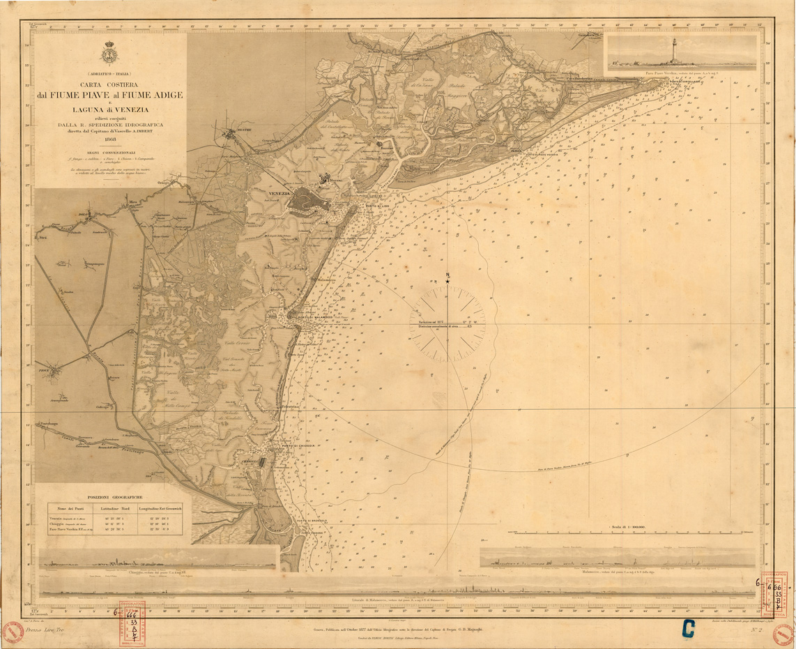 (N:35431) CARTA COSTIERA DAL FIUME PIAVE AL FIUME ADIGE E LAGUNA DI VENEZIA (B0019768) Carte e stampe antiche: riproduzione a colori su carta (formato A1)