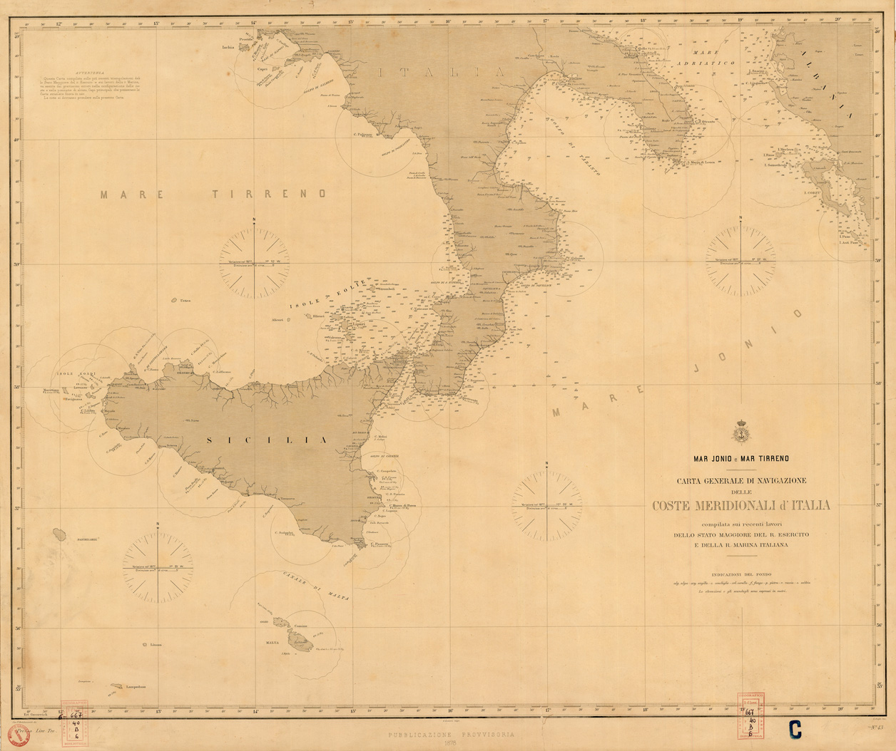 (N:35432) MAR JONIO E MAR TIRRENO CARTA GENERALE DI NAVIGAZIONE DELLE COSTE MERIDIONALI D'ITALIA COMPILATA SUI RECENTI LAVORI DELLO STATO MAGGIORE DEL R. ESERCITO E DELLA R. MARINA ITALIANA (B0019769) Carte e stampe antiche: riproduzione a colori su carta (formato A1)