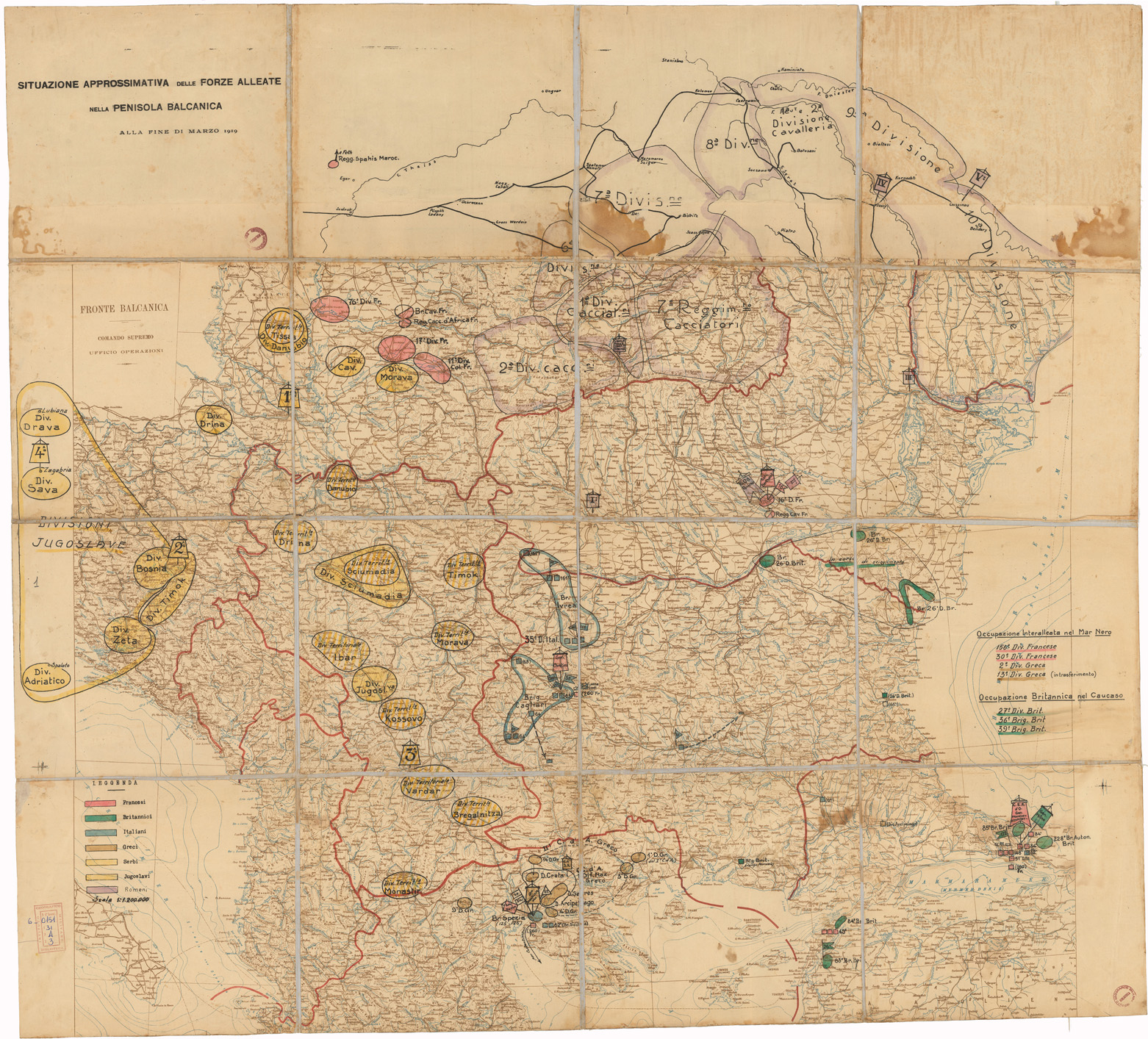 (N:35444) SITUAZIONE APPROSSIMATIVA DELE FORZE ALLEATE NELLA PENISOLA BALCANICA ALLA FINE DI MARZO 1919 (B0019777) Carte e stampe antiche: riproduzione a colori su carta (formato A1)