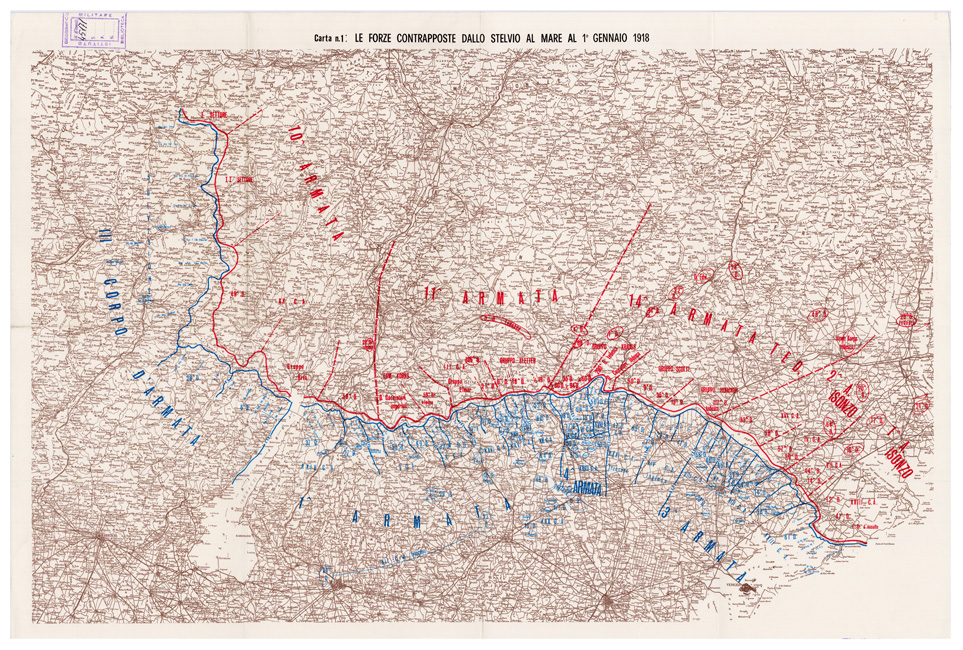 (N:28933) L'ESERCITO ITALIANO NELLA GRANDE GUERRA (1915-1918) - Carta n. 1: LE FORZE CONTRAPPOSTE DALLO STELVIO AL MARE AL 1 GENNAIO 1918 (B0019884) Carte e stampe antiche: riproduzione a colori su carta (formato A1)