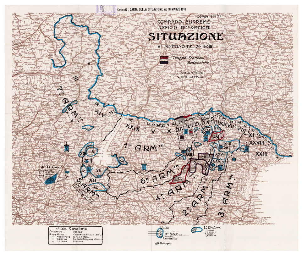 (N:29012) L'ESERCITO ITALIANO NELLA GRANDE GUERRA (1915-1918) - Carta n. 12: CARTA DELLA SITUAZIONE AL 31 MARZO 1918 (B0019895) Carte e stampe antiche: riproduzione a colori su carta (formato A1)