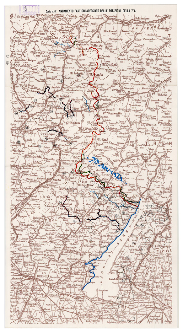 (N:29014) L'ESERCITO ITALIANO NELLA GRANDE GUERRA (1915-1918) - Carta n. 14: ANDAMENTO PARTICOLAREGGIATO DELLE POSIZIONI DELLA 7^ A. (B0019897) Carte e stampe antiche: riproduzione a colori su carta (formato A1)