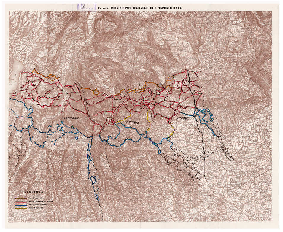 (N:29015) L'ESERCITO ITALIANO NELLA GRANDE GUERRA (1915-1918) - Carta n. 15: ANDAMENTO PARTICOLAREGGIATO DELLE POSIZIONI DELLA 1^ A
 (B0019898) Carte e stampe antiche: riproduzione a colori su carta (formato A1)