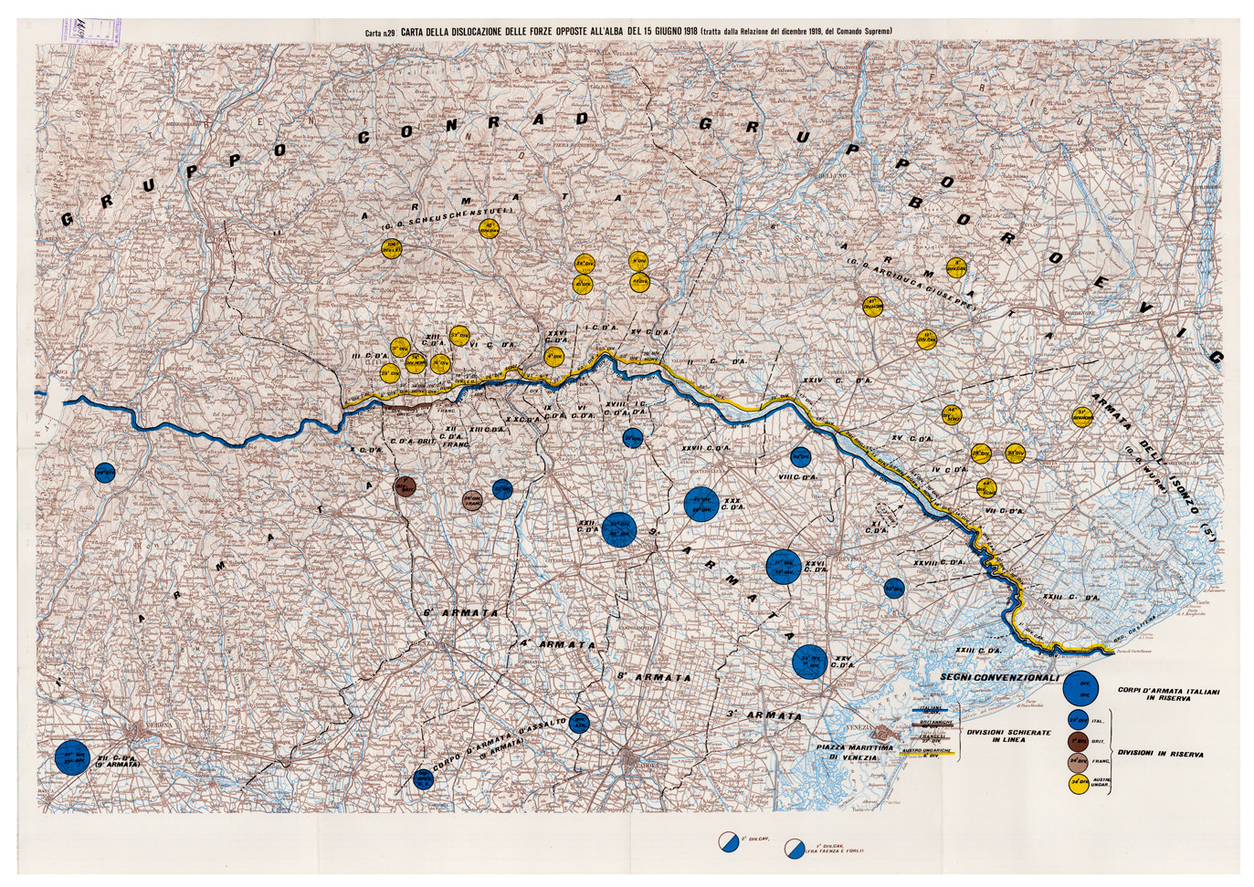 (N:29096) L'ESERCITO ITALIANO NELLA GRANDE GUERRA (1915-1918) - Carta n. 29: CARTA DELLA DISLOCAZIONE DELLE FORZE OPPOSTE ALL'ALBA DEL 15 GIUGNO 1918 - tratta dalla Relazione del dicembre 1919, del Comando Supremo (B0019912) Carte e stampe antiche: riproduzione a colori su carta (formato A1)