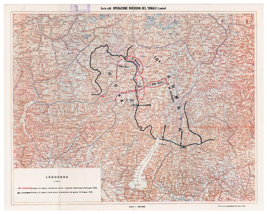 (N:29097) L'ESERCITO ITALIANO NELLA GRANDE GUERRA (1915-1918) - Carta n. 30:  OPERAZIONE DIVERSIVA DEL TONALE  - Lawine
 (B0019913) Carte e stampe antiche: riproduzione a colori su carta (formato A1)