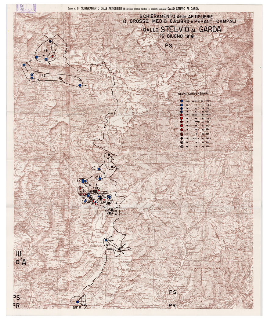 (N:29104) L'ESERCITO ITALIANO NELLA GRANDE GUERRA (1915-1918) - Carta n. 31: SCHIERAMENTO DELLE ARTIGLIERIE  - di grosso, medio calibro e pesanti campali,  DALLO STELVIO AL GARDA (B0019914) Carte e stampe antiche: riproduzione a colori su carta (formato A1)