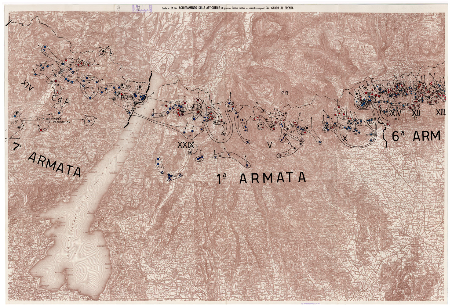(N:29106) L'ESERCITO ITALIANO NELLA GRANDE GUERRA (1915-1918) - Carta n. 31 bis: SCHIERAMENTO DELLE ARTIGLIERIE, di grosso, medio calibro e pesanti campali, DAL GARDA AL BRENTA (B0019915) Carte e stampe antiche: riproduzione a colori su carta (formato A1)