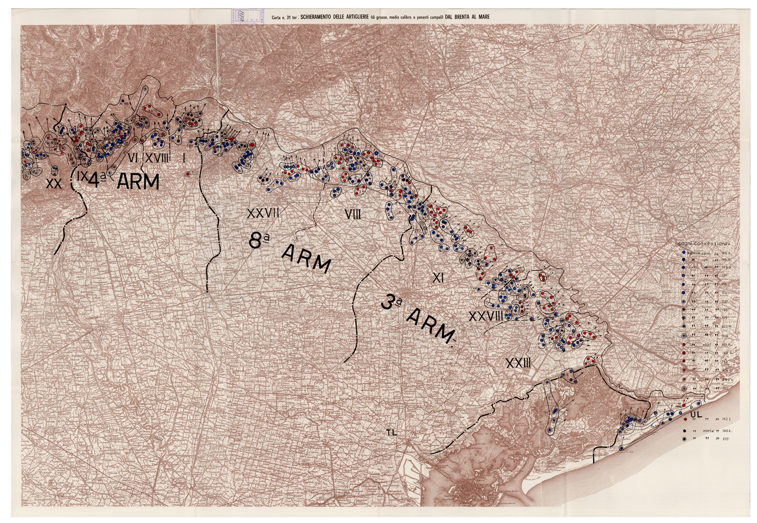 (N:29107) L'ESERCITO ITALIANO NELLA GRANDE GUERRA (1915-1918) - Carta n. 31 ter: SCHIERAMENTO DELLE ARTIGLIERIE, di grosso, medio calibro e pesanti campali, DAL BRENTA AL MARE (B0019916) Carte e stampe antiche: riproduzione a colori su carta (formato A1)