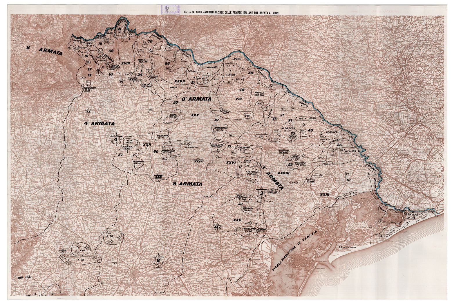 (N:29114) L'ESERCITO ITALIANO NELLA GRANDE GUERRA (1915-1918) - Carta n. 34: SCHIERAMENTO INIZIALE DELLE ARMATE ITALIANE DAL BRENTA AL MARE (B0019919) Carte e stampe antiche: riproduzione a colori su carta (formato A1)