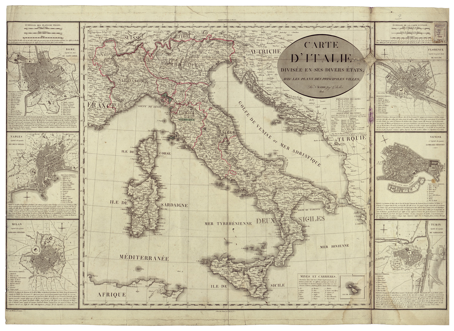 (N:34533) CARTE D'ITALIE DIVISEE EN SES DIVERS ETATS ETC... (B0020364) Carte e stampe antiche: riproduzione a colori su carta (formato A1)