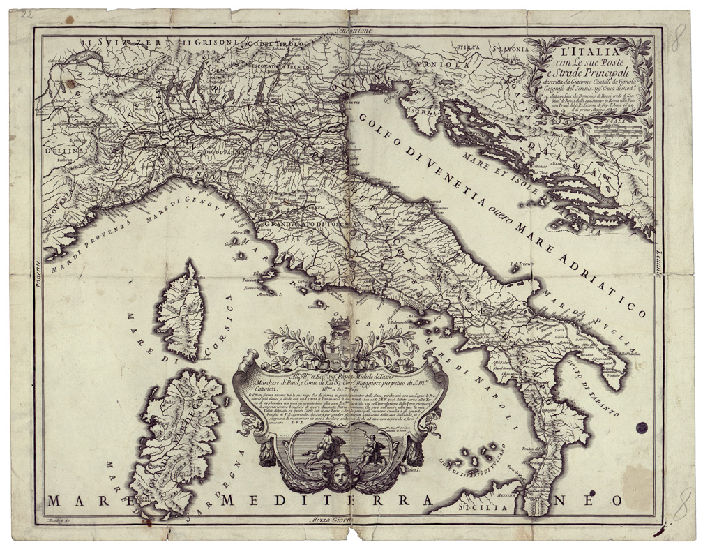 (N:34534) L'ITALIA CON LE SUE POSTE E STRADE PRINCIPALI (B0020365) Carte e stampe antiche: riproduzione a colori su carta (formato A1)