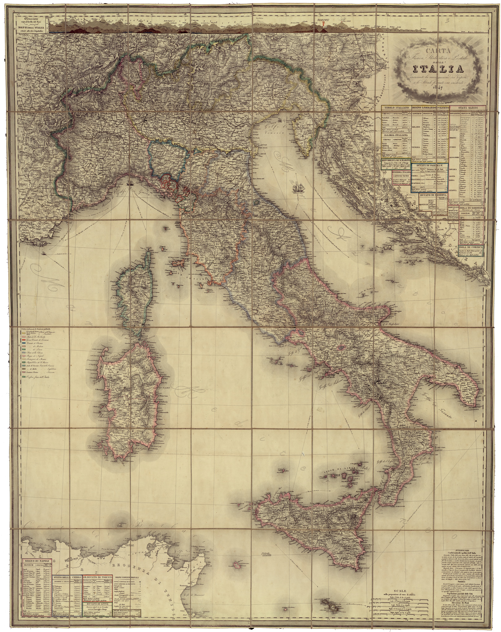 (N:34542) CARTA FISICO STATISTICA E POSTALE DELL'ITALIA ETC... (B0020372) Carte e stampe antiche: riproduzione a colori su carta (formato A1)