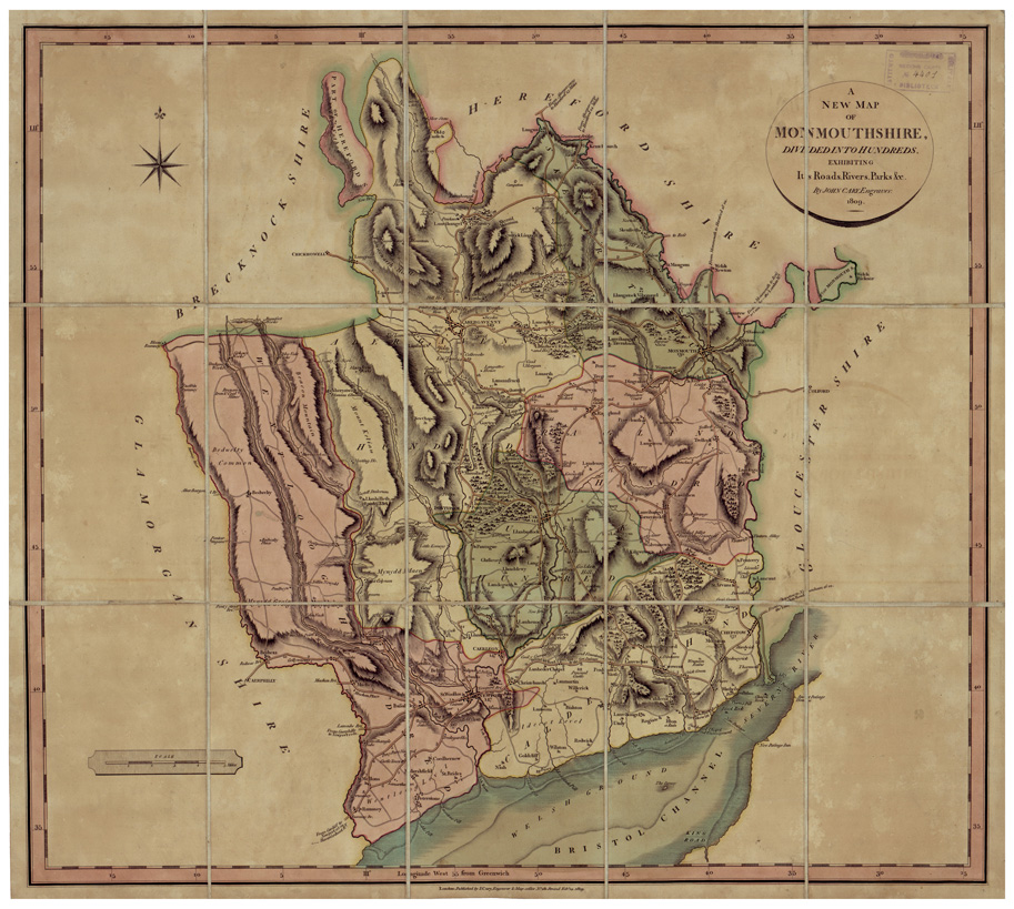 (N:34597) A NEW MAP OF MONMOUTHSHIRE DIVIDED INTO HUNDREDES ITS ROADS RIVERS PARKS (B0020428) Carte e stampe antiche: riproduzione a colori su carta (formato A1)