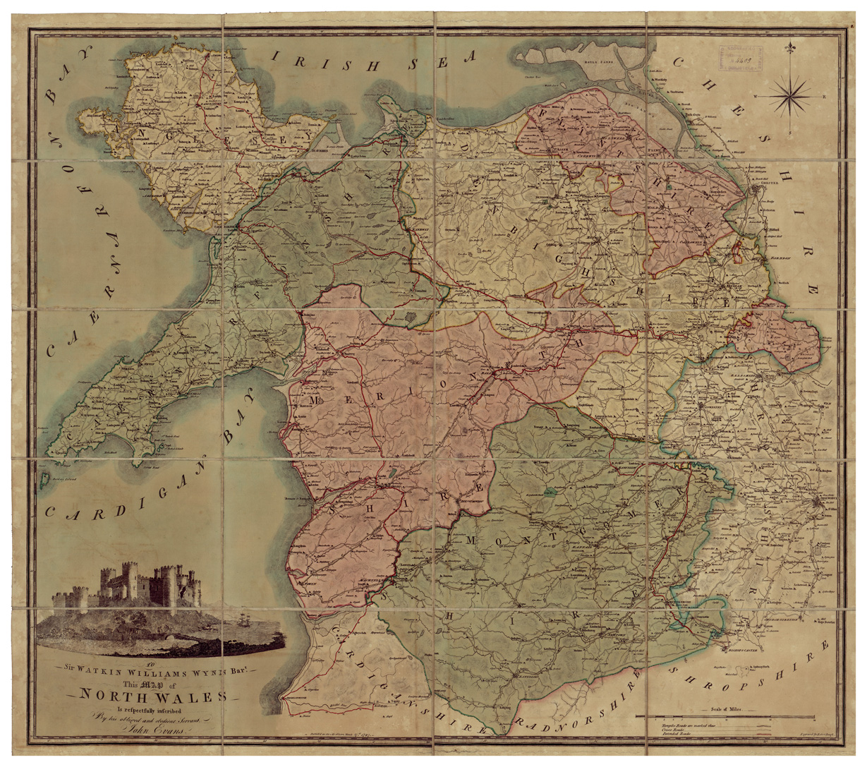 (N:34608) MAP OF NORTHWALES (DEDICATA A SIR. WATKIN WILLIAMS WYNN) DIVIDED INTO ETC... (B0020438) Carte e stampe antiche: riproduzione a colori su carta (formato A1)