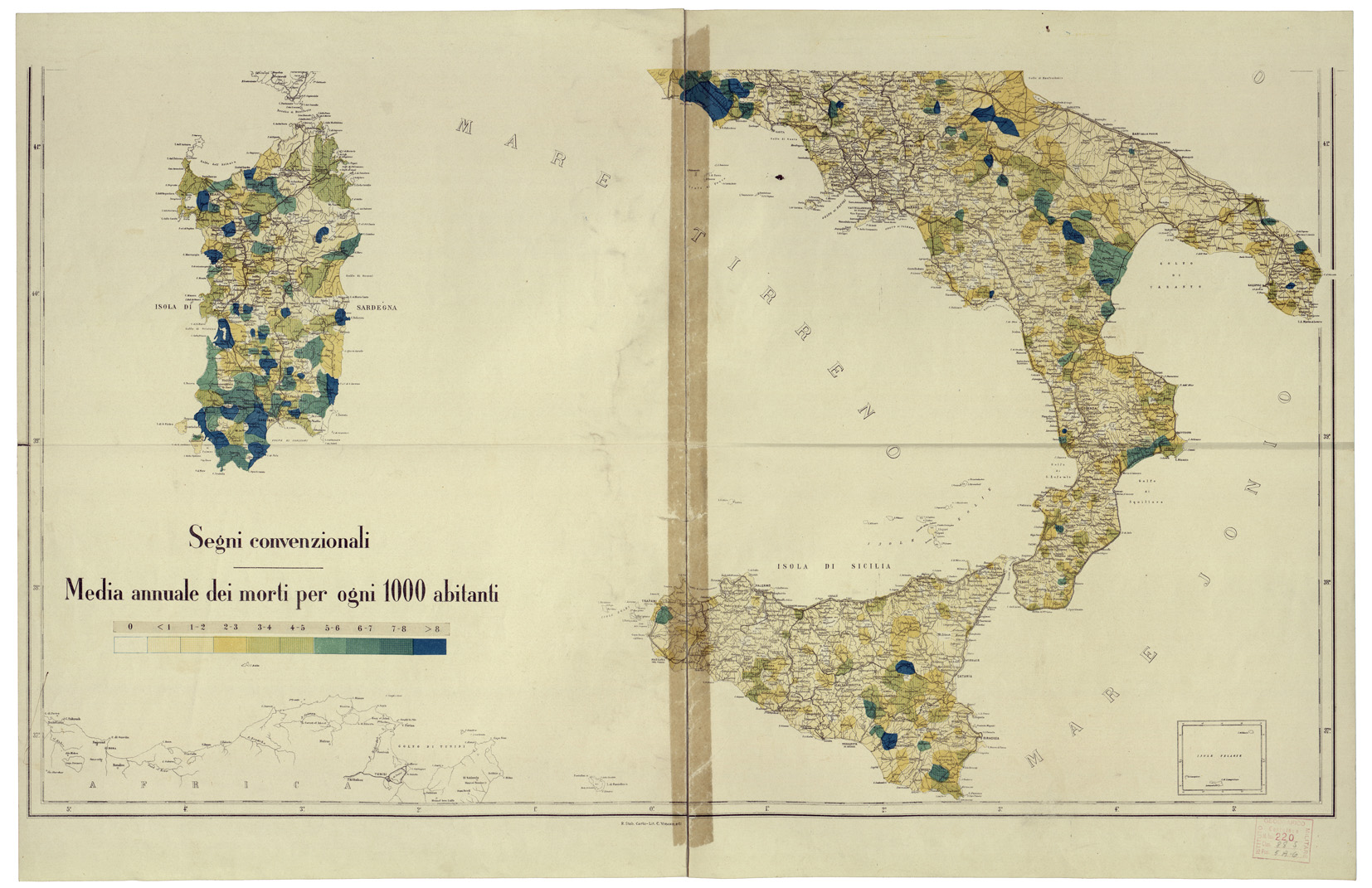 (N:34670) CARTA INDICANTE LA MORTALITA' PER INFEZIONE MALARICA IN CIASCUN COMUNE DEL REGNO D'ITALIA NEGLI ANNI 1890-91-92 - FOGLIO 2 (B0020502) Carte e stampe antiche: riproduzione a colori su carta (formato A1)