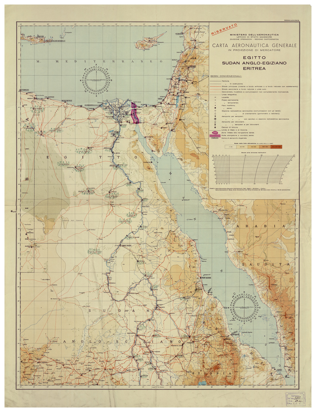 (N:34676) CARTA AERONAUTICA GENERALE IN PROIEZIONE DI MERCATORE DELL'EGITTO, SUDAN ANGLO-EGIZIANO, ERITREA (B0020508) Carte e stampe antiche: riproduzione a colori su carta (formato A1)