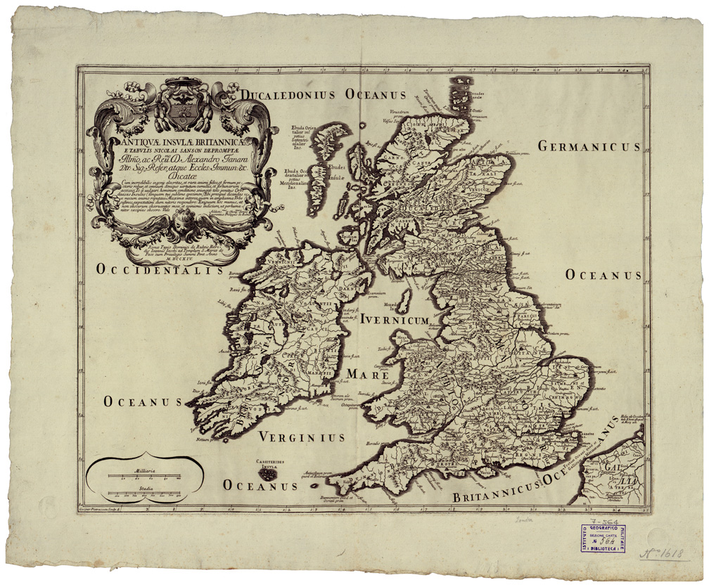 (N:34723) ANTIQUAE INSULAE BRITANNICAE E TABULIS NICOLAI SANSON ETC... (B0020556) Carte e stampe antiche: riproduzione a colori su carta (formato A1)