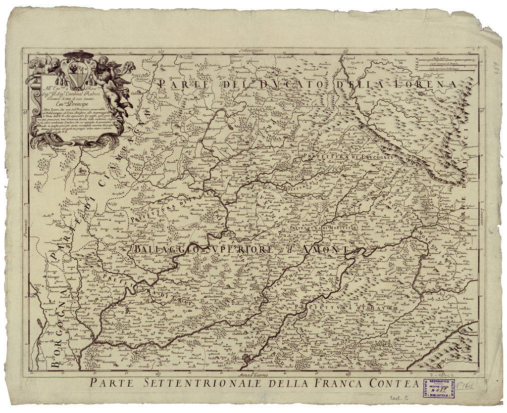 (N:34811) LA FRANCIA CONTEA, DIVISA NEI SUOI TRE BALIAGGI PRINCIPALI, CIOE' D'AVAL DI DOLA E DI AMONT ETC... FOGLIO 1 (B0020644) Carte e stampe antiche: riproduzione a colori su carta (formato A1)