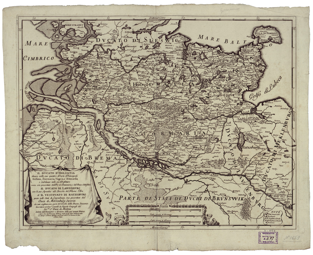 (N:34820) IL DUCATO D'HOLSATIA DIVISO NELLE SUE QUATTRO PARTI PRINCIPALI HOLFATIA, STORMARIA, VAGRIA E DITMARFIA ETC... (B0020653) Carte e stampe antiche: riproduzione a colori su carta (formato A1)