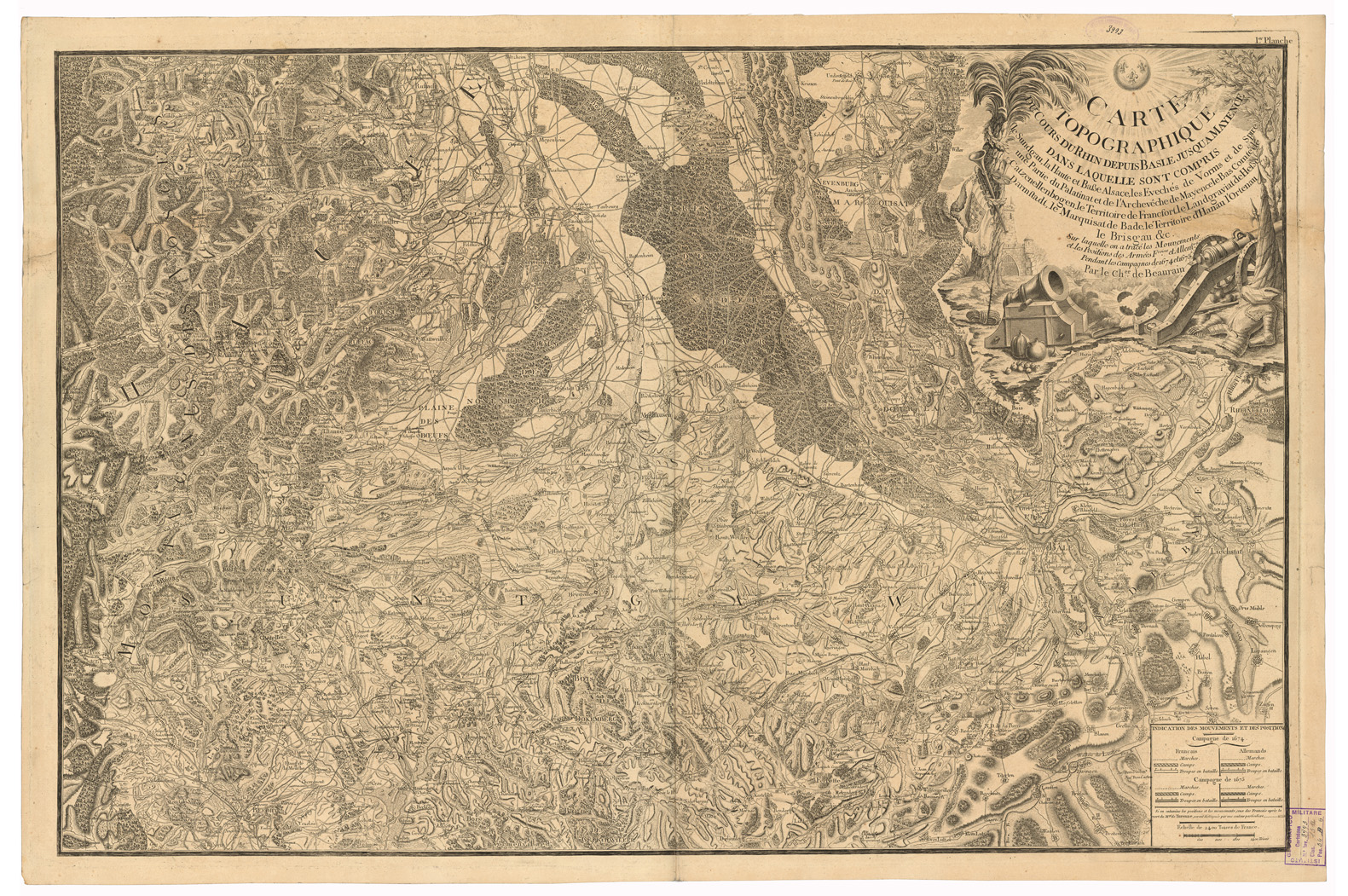 (N:35029) CARTE TOPOGRAPHIQUE DU COURS DU RHIN DEPUIS BASLE JUSQUA MAYENCE (CON LE POSIZIONI DELLE ARMATE FRANCESI E TEDESCHE NELLA CAMPAGNA 1674-1675) - FOGLIO 1 (B0020725) Carte e stampe antiche: riproduzione a colori su carta (formato A1)