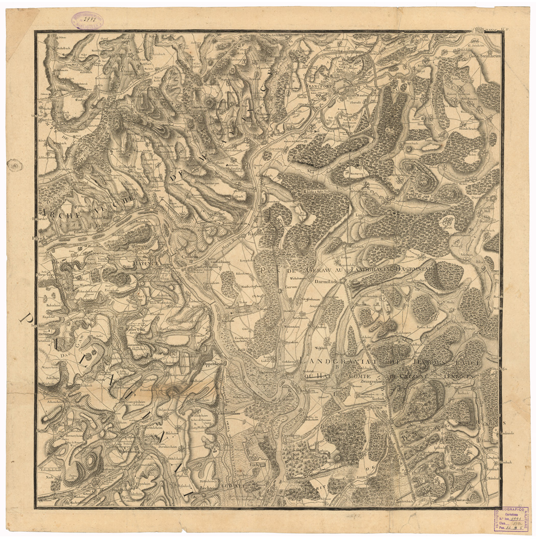 (N:35034) CARTE TOPOGRAPHIQUE DU COURS DU RHIN DEPUIS BASLE JUSQUA MAYENCE (CON LE POSIZIONI DELLE ARMATE FRANCESI E TEDESCHE NELLA CAMPAGNA 1674-1675) - FOGLIO 6 (B0020730) Carte e stampe antiche: riproduzione a colori su carta (formato A1)