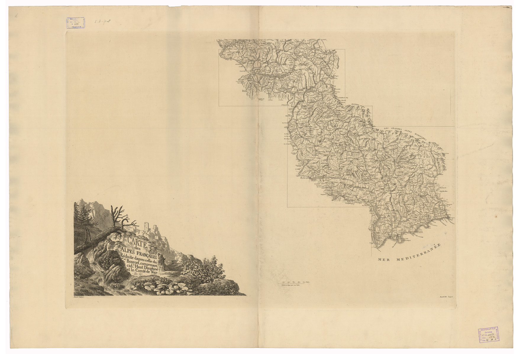 (N:35036) FRANCIA - CARTE DES ALPES FRANCAISES REDUCTION D'APRES LE GENERAL BOURCET, COMPRENANT CIT. HAUT DAUPHINE ET LE COMTE DE NICE - FOGLIO 1 (B0020732) Carte e stampe antiche: riproduzione a colori su carta (formato A1)