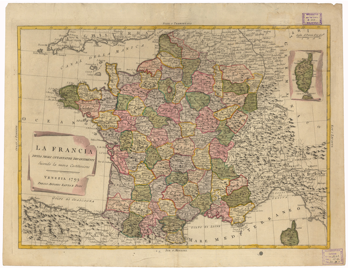 (N:35101) LA FRANCIA DIVISA NEGLI OTTANTATRE DIPARTIMENTI SECONDO LA NUOVA COSTITUZIONE (B0020805) Carte e stampe antiche: riproduzione a colori su carta (formato A1)