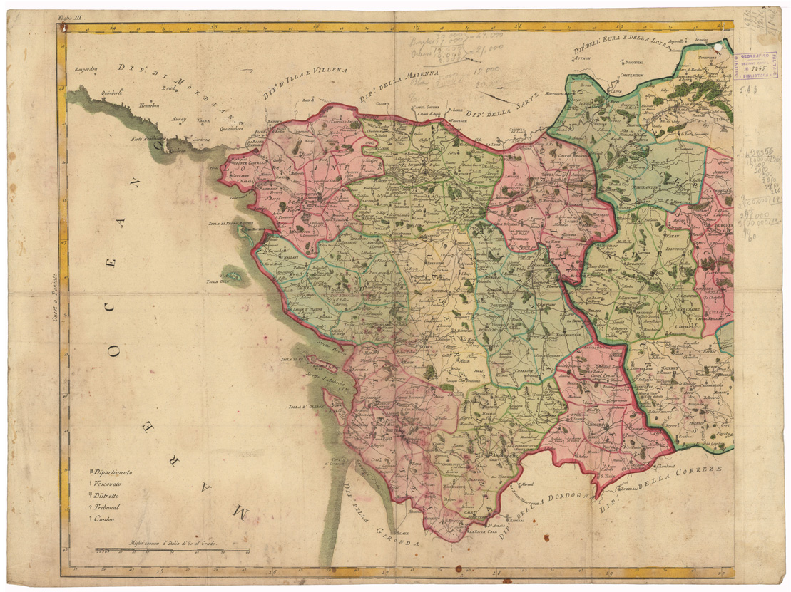 (N:35105) LA FRANCIA CIOE' LE REGIONI DELLE SORGENTI DEL NORD E DE' MARI - LA FRANCIA CIOE' LE REGIONI DELL'OCCIDENTE DEL CENTRO E DEL LEVANTE - FOGLIO 3 (B0020809) Carte e stampe antiche: riproduzione a colori su carta (formato A1)